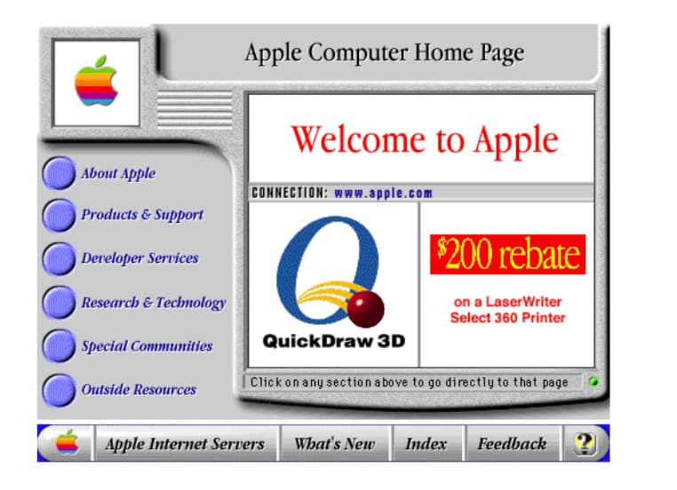 web design in 1995 - About Apple Products & Support Developer Services Research & Technology Special Communities Apple Computer Home Page Welcome to Apple Connection a QuickDraw 3D $200 rebate on a LaserWriter Select 360 Printer Click on any section above